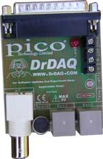 Fig.2. The uncased DrDAQ data logger circuit board showing the parallel port connector, three sockets plus microphone. The underside components are hidden by a protective foam covering.