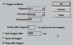 Fig.4. Trigger dialogue box. trigger options are: none (free running); auto; repeat and single, with adjustable trigger level.